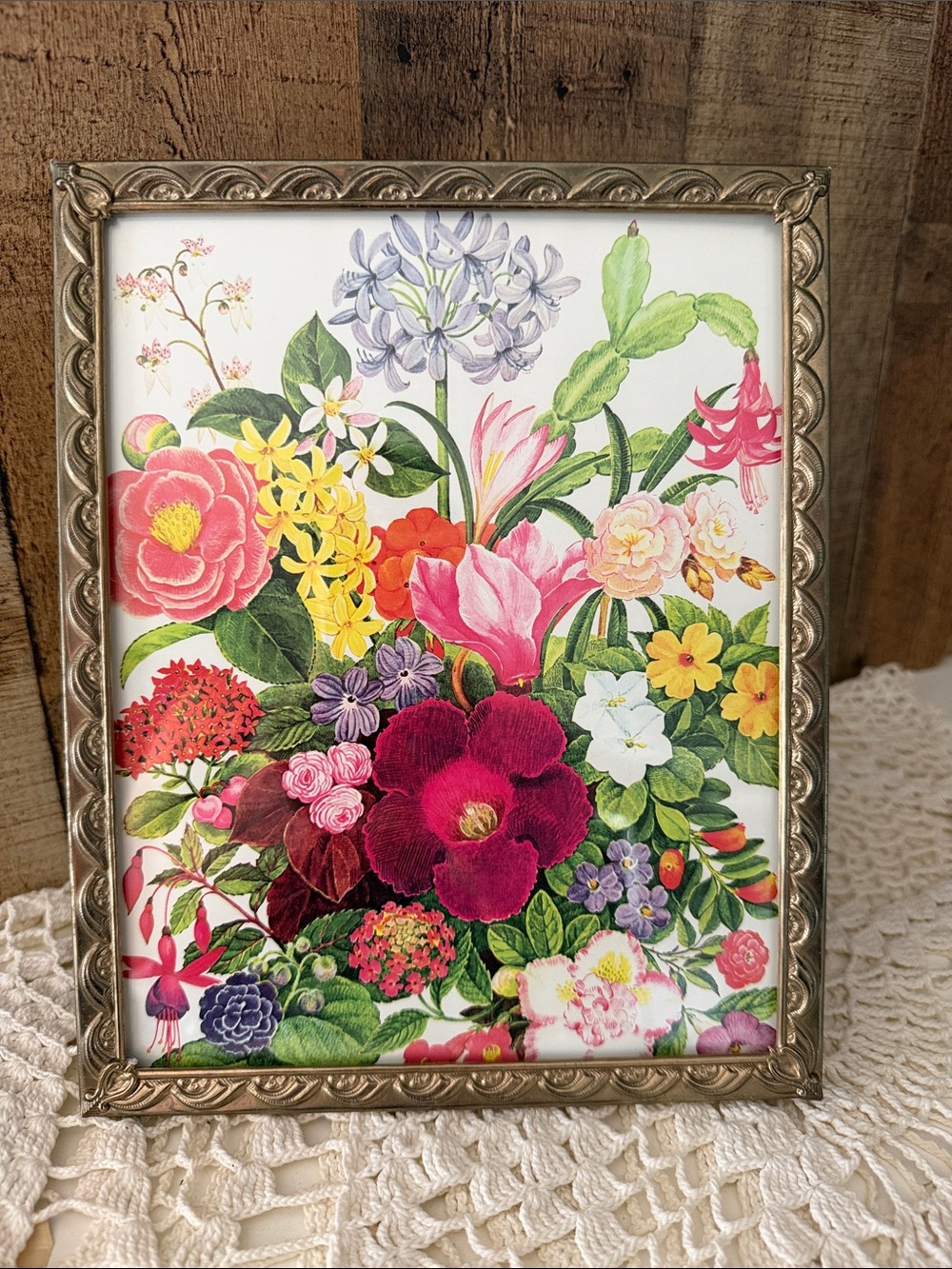 Vintage Brass Tone Ornate Frame with Floral Botanical Print - 8x10